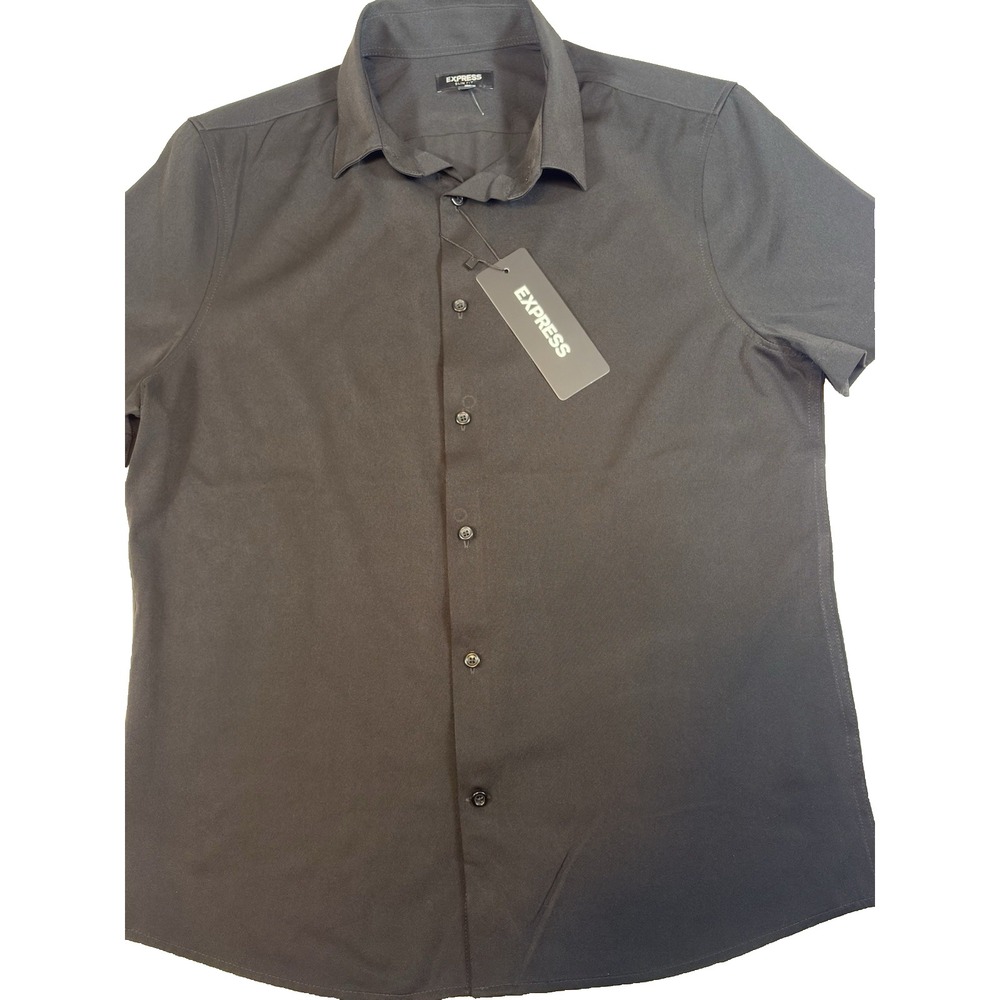 Express Button Up Men's Medium Black Short Sleeve Shirt Cotton Spandex Casual